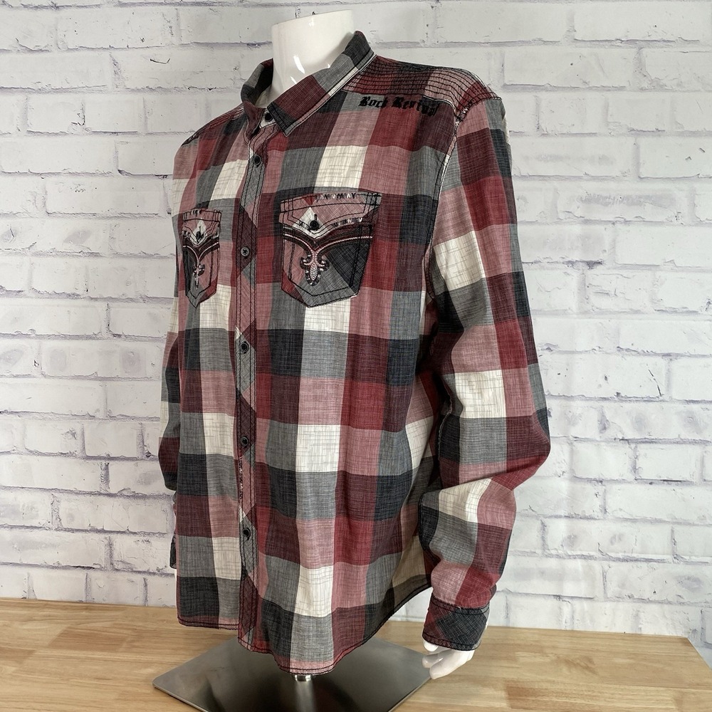 Rock Revival Shirt Men's Size 3XL SLIM Long Sleeve Pearl Snap Plaid Embroidered - Picture 6 of 16